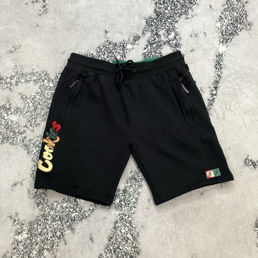 Cookies Logo Graphic Fleece Sweat Shorts Black Drawstring Mens Size 2XL